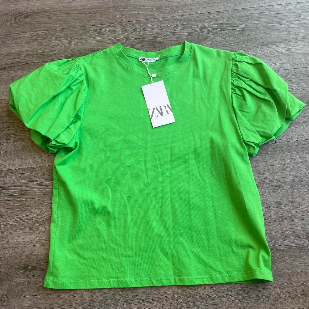 ZARA Green Puff Sleeve Shirt New with Tags
